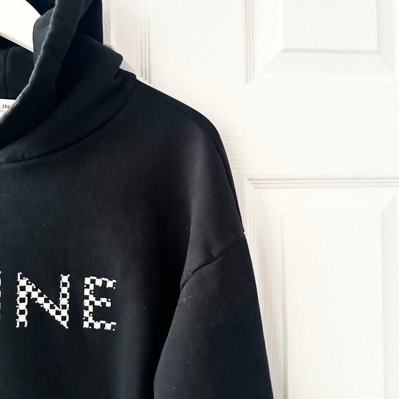 Celine Black Loose Oversized Checkered Studded Logo Drawstring Hoodie Small Read - Picture 6 of 11